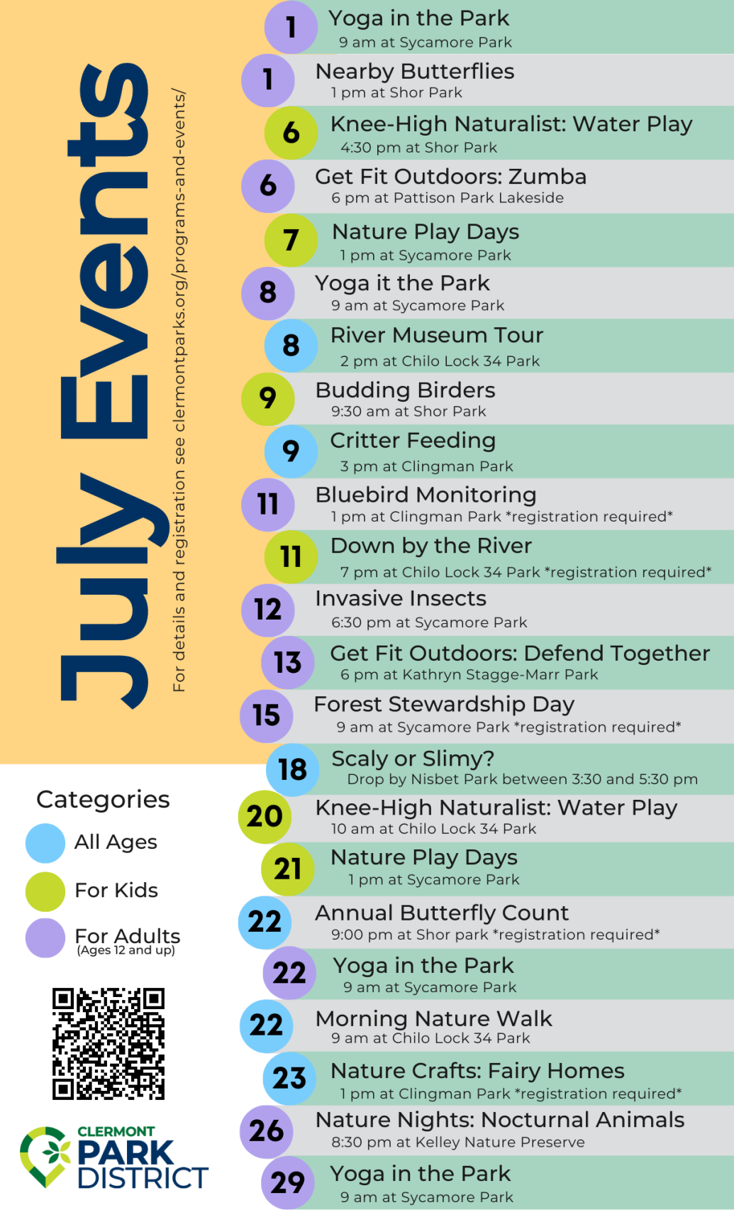 List of park programs for the month of July.